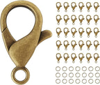 Mandala Crafts 35mm Antique Brass Metal Lobster Clasps for Jewelry Making - 25 Lobster Claw Clasps with Jump Rings Jewelry Findings Kit for Necklaces Bracelets Charms Fasteners