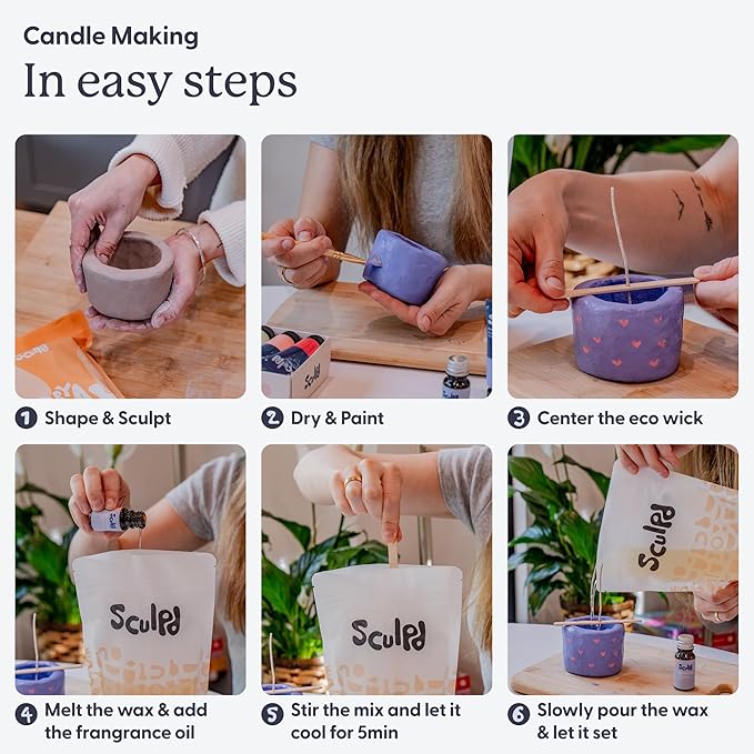Sculpd Candle Making Pottery Kit for Adults with Air Dry Clay and Acrylic Paint Set, Non-Toxic Eco Soy Wax, Scented Fragrance Oil, Candle Glaze, Tools & Guide, 1 Candle, Peony Rose with Pastel Tones