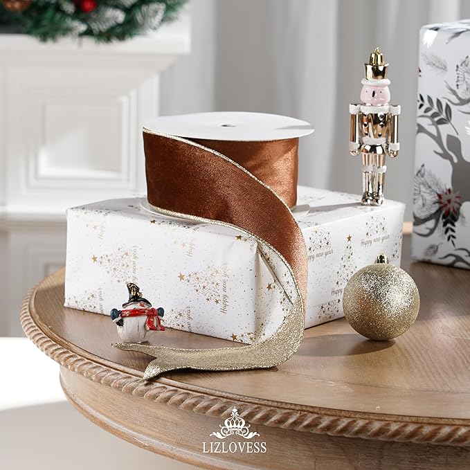 Brown Velvet Wired Ribbon with Glitter Back 2.5 Inch Camel Christmas Ribbon Wired Reversible Ribbon for Christmas Tree, Gift Wrapping, Crafts, Wreaths Supplies, Topper Bows (10 Yards)