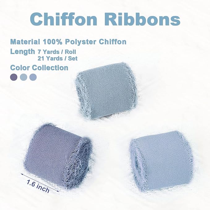 3 Rolls Gray Blue Handmade Fringe Chiffon Ribbon 1.5 Inch x 7 Yard Silk-Like Colorful Rustic Ribbon for Bouquets Wrapping Decor Wedding Invitation Accessories