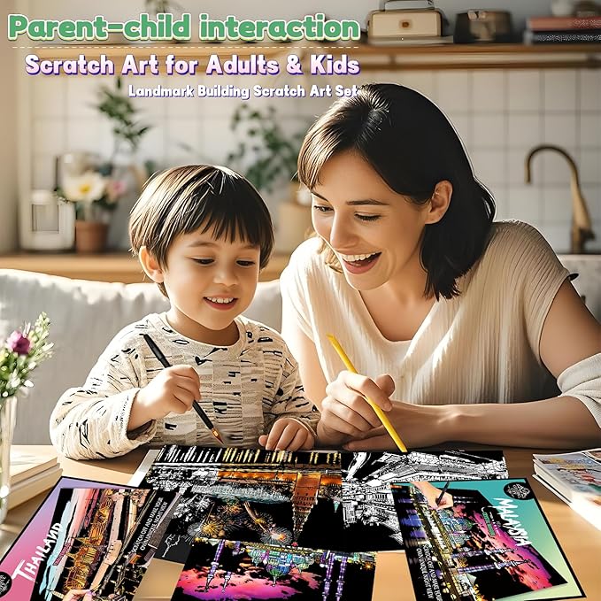 Scratch Art Painting Kit for Adults-8 Sheets A4 Rainbow Scratch Painting Paper Craft Set with City Landmarks|Stress Relief Gift for Travel&Craft Lovers|Scratch Art Home Decor(Asian Series)