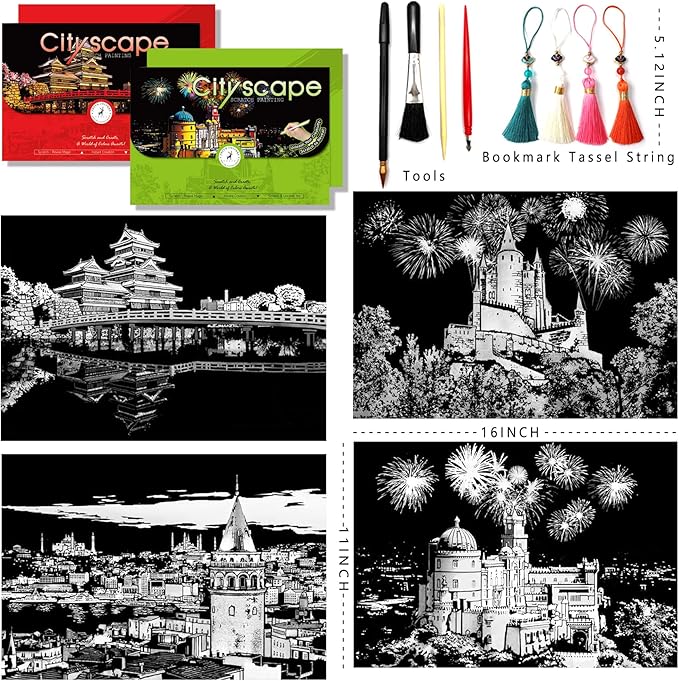 Scratch Art for Adults-Scratch Painting Craft Kit (4 Sheets 16x11 in)|Foil Engraving Art Set|Stress Relief Gift for Travel Lovers,Craft Lovers|Creative Scratch Art Home Decor(City Scape 3)