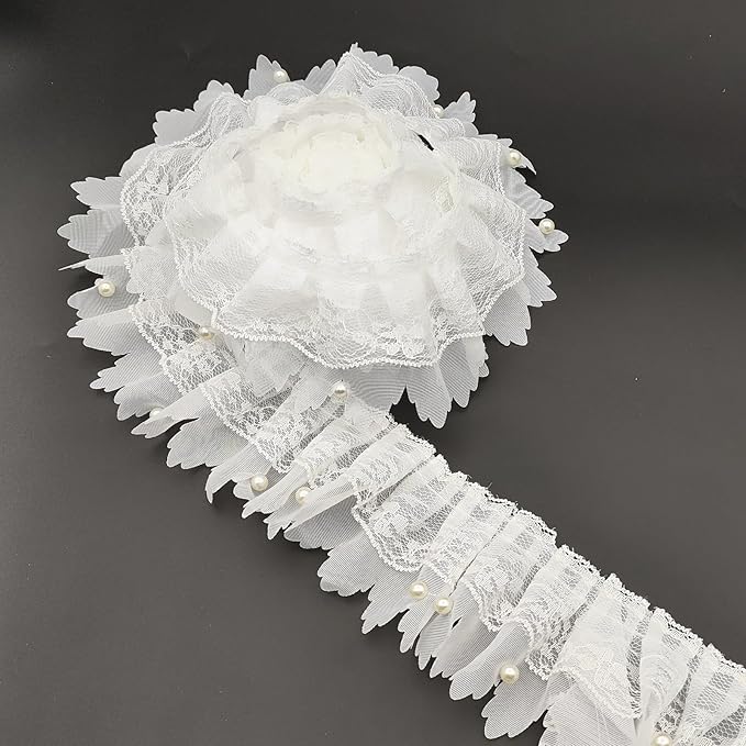 3 Yards White Pleated Lace Chiffon Fabric Elastic Lace Trim for Wedding Bridal Dress Decoration DIY Sewing Clothing Decoration, 2 Inch