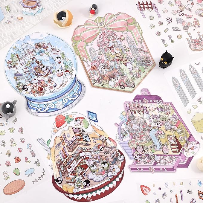 4 Sets DIY 3D House Stickers, Scene Miniature Scene Stickers, Cute Cartoon Scenes for Women Girls Teen Kids, Make Your Own Sticker, Fun Room Sticker BookRelief Stress Pass The Time