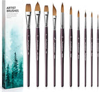 Fuumuui Sable Watercolor Brushes, Professional 10Pcs Sable Paint Brush Set Variety Shapes with Flats, Extended Needle Point, Dagger, Cat's Tongue, Rounds Perfect for Watercolor Acrylic Gouache Inks