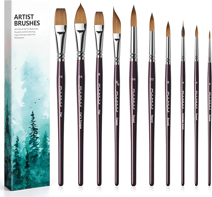 Fuumuui Sable Watercolor Brushes, Professional 10Pcs Sable Paint Brush Set Variety Shapes with Flats, Extended Needle Point, Dagger, Cat's Tongue, Rounds Perfect for Watercolor Acrylic Gouache Inks