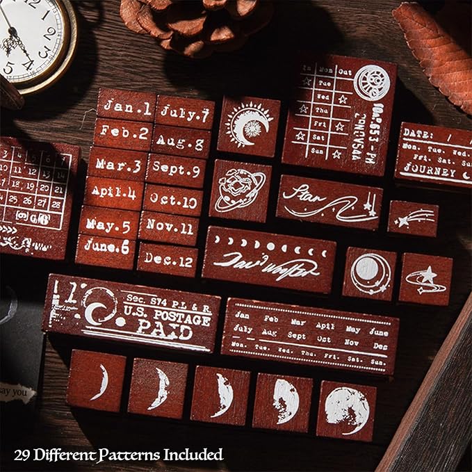 SIBLYMONA 29 Pieces Phases of The Moon Wooden Rubber Stamps Set for DIY Crafting, Decorative Wood Stamps with Moon Patterns, Reusable Rubber Stamp Kit for Scrapbooking & Card Making (Galaxy(29Pcs))