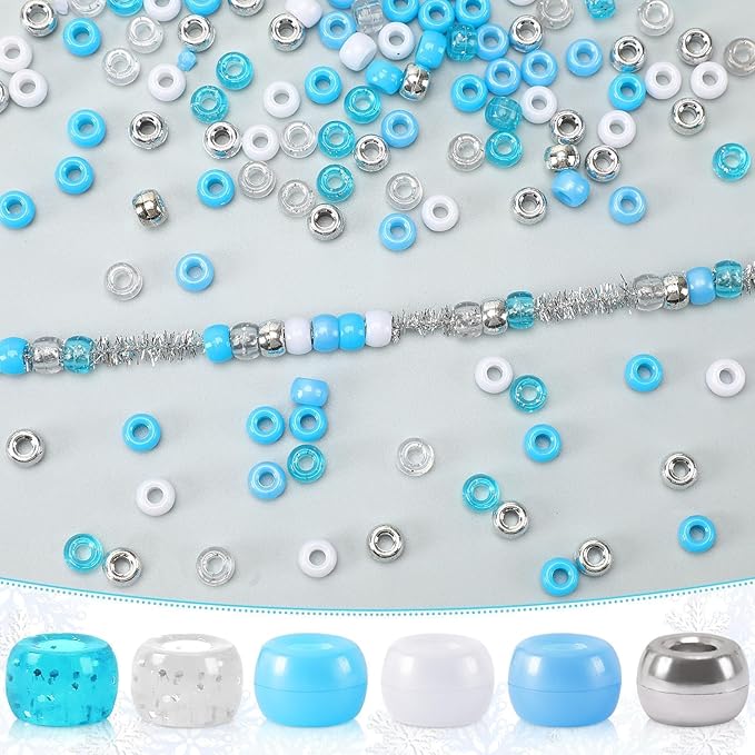 UPINS 1200Pcs Winter Pony Beads,Blue and White Pony Beads Hanukkah Snowflake Hair Glitter Beads Bulk Ocean Sea Beads for Crafts Friendship Necklace Earrings DIY