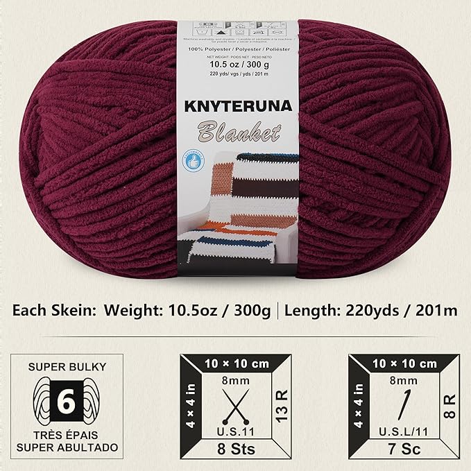 #6 Super Bulky Blanket Yarn for Crocheting - 4 Skeins(Each 10.5oz/300g, 220yds/201m), Chunky Chenille Thick Plush Big Soft Yarn for Crocheting Knitting Blankets, Burgundy