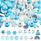 Huwena 200 Pcs Winter Wooden Snowflake Craft Beads Blue White Snowman Round Loose Spacer Beads with Holes for Christmas Winter Necklace Earring Jewelry Making Crafts DIY