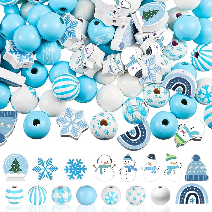 Huwena 200 Pcs Winter Wooden Snowflake Craft Beads Blue White Snowman Round Loose Spacer Beads with Holes for Christmas Winter Necklace Earring Jewelry Making Crafts DIY