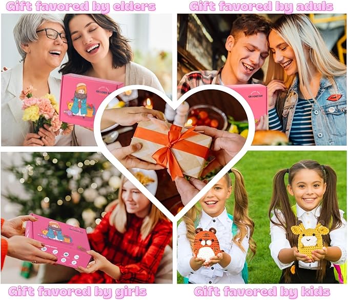 yhwsymgmho Crochet Kit for Beginners:2pcs Animals amigurumi Crochet Starter Kits with Step-by-Step Video Tutorials,Easy Knitting Set for Adults Kids,DIY Crocheting Doll Gift(Tiger & Giraffe)