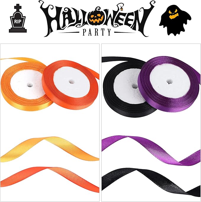 DECYOOL 4 Rolls 100 Yards Halloween Ribbons 10mm Wide Holiday Gift Wrapping Satin Ribbon for Halloween Party Decoration, DIY Bows Crafts