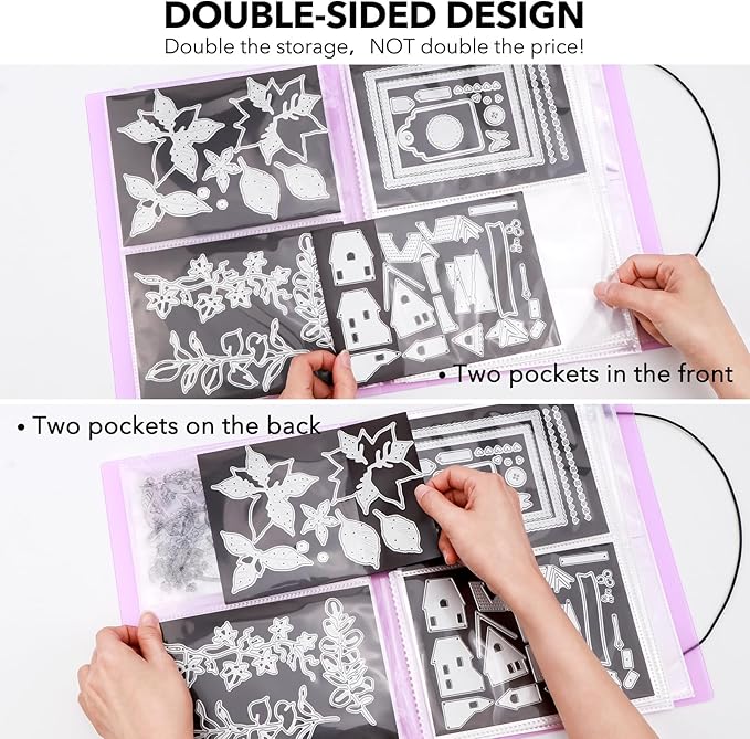 10 Pcs 0.3mm Magnet Sheets and 80 pockets/20 pages Storage Album for Stamp and Cutting Dies Storage Book Organizer Folder for Storage Die Cutting, DIY Scrapbooking Card Making Supplies (Purple)