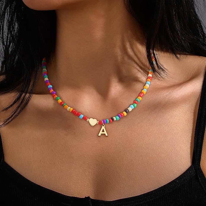 Christmas Gifts for Grandkids Teens Girls - Colorful Beaded Initial Necklace Teen Girl Gifts Trendy Stuff Dainty Letter Choker Necklace Stocking Stuffers for Teen Girls Women Jewelry