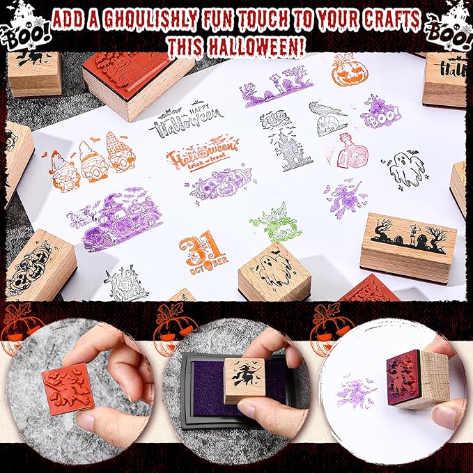 Marspark 22 Pcs Halloween Wooden Rubber Stamps and Craft Ink Pads Set Mixed Halloween DIY Craft Cards Wooden Rubber Stamps for Party Scrapbooking Cards Making Supplies Gift Decor