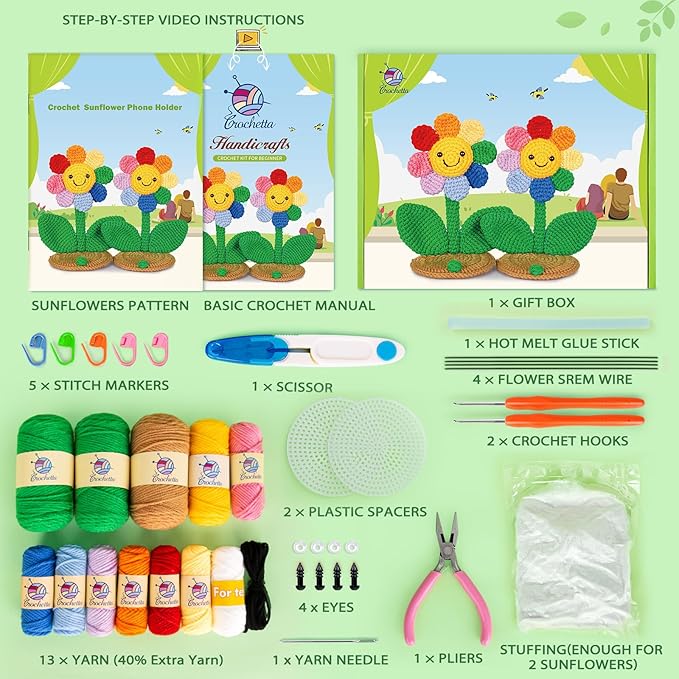 Crochetta Crochet Kit for Beginners, Crochet Kit w Step-by-Step Video Tutorials, Crochet Starter Kit Learn to Crochet Kits for Adults Kids Beginners, 2 Sunflower Phone Holders (40%+ Yarn Content)