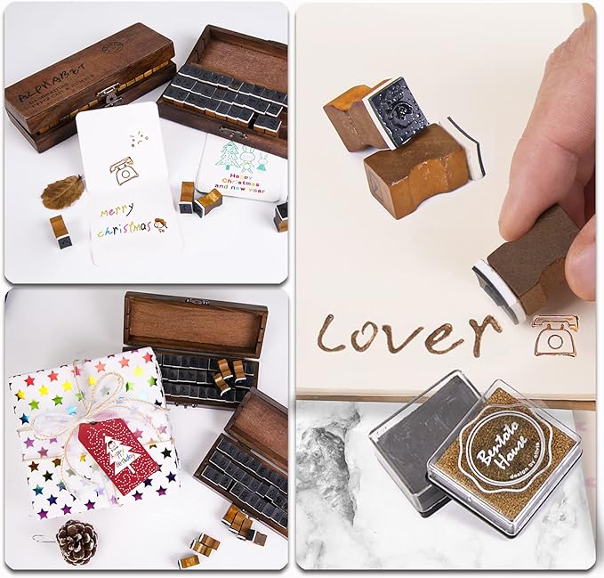 Rancco Alphabet Stamps for Crafts w/ 4 Ink Pad, 84 Pc Vintage Wooden Rubber Stamps w/Storage Box, 2 Set Mini Handwriting Number, Symbol & Letter Stamps for Gift Card Making, DIY Scrapbook, Clay Craft