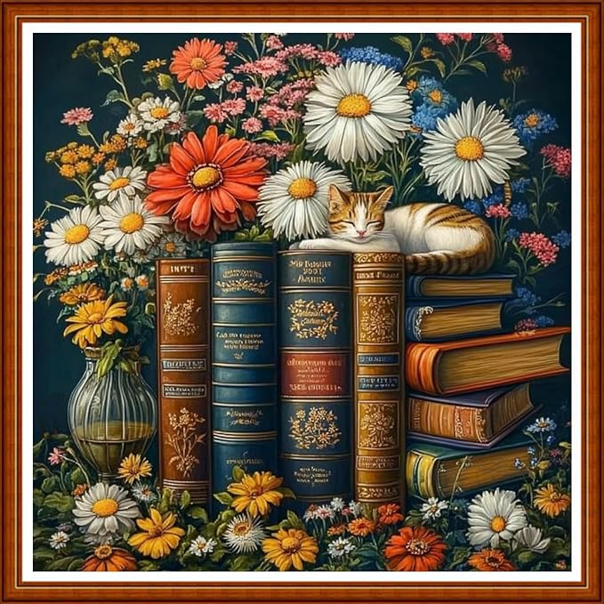 Funart Stamped Cross Stitch Kits for Beginners Full Range of Cross Stitching Preprinted Embroidery Kits for Adults, 11CT Embroidery Pattern Needlepoint Kits-Book Flowers 18x18 inch