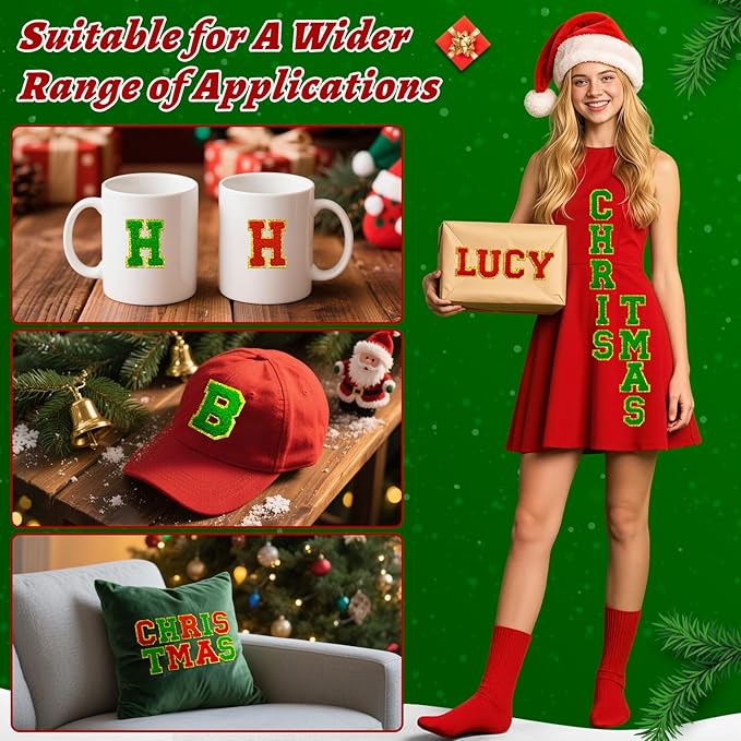 52 Pcs Red Green Christmas Patches Embroidered Chenille Letter Patches Self Adhesive for Clothing,A-Z Letter Stickers Sew on Repair Patches for Jackets Hats Backpacks