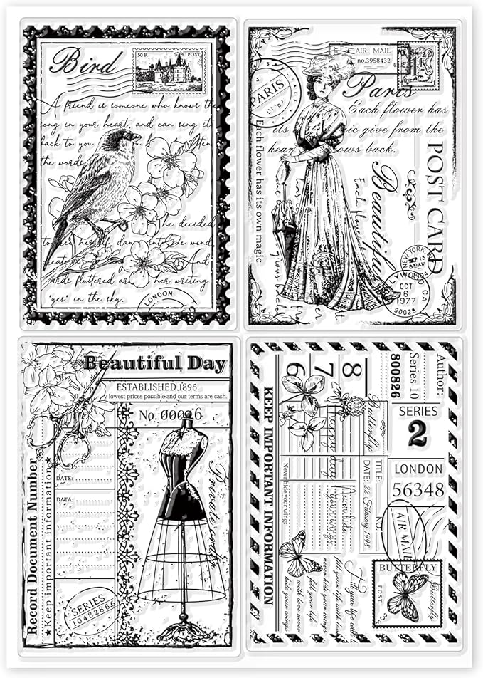 GLOBLELAND Vintage Ticket Postcard Clear Stamps for Card Making Butterfly Dress Lady Transparent Silicone Stamps for DIY Scrapbooking Supplies Embossing Paper Card Album