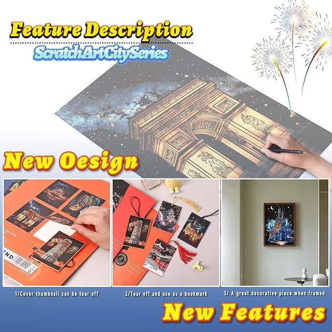 Rainbow Scratch Painting Art Kit - Scratch Art Painting for Adults and Teens, DIY Craft Kit with 4 Tools and 8 Sheets of Paper, Ancient Cities Series Creative Gifts 16''x11''(European)