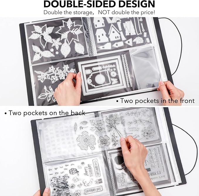 10 Pcs 0.3mm Magnet Sheets and 80 pockets/20 pages Storage Album for Stamp and Cutting Dies Storage Book Organizer Folder for Storage Die Cutting, DIY Scrapbooking Card Making Supplies (Black)