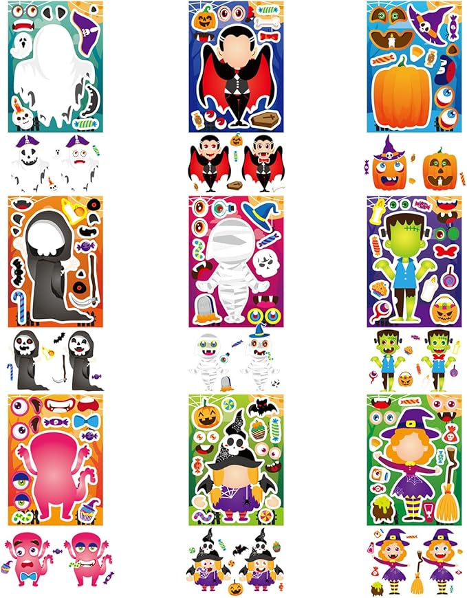 36 Sheets Halloween Stickers for Kids, Make Your Own Halloween Character Mix and Match Stickers Vampires Witches Mummies Zombies Ghosts Sticker, Halloween Party Party Supplies Favors