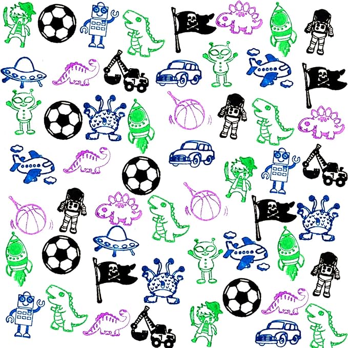 HOWAF 16pcs Wooden Stamps for Kids Boy Crafts with Ink Pad 4pcs, Dinosaur Football Outer Space Pirate Car Stamps for DIY Scrapbook Card Making, Party Bag Fillers Favor for Boys Christmas Birthday Gift