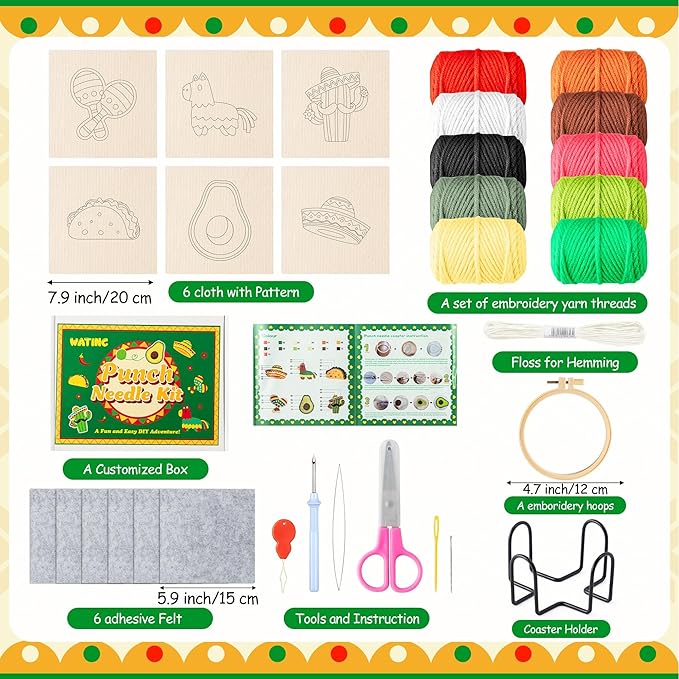 WATINC Christmas Punch Needle Coaster Kits - 23Pcs Easy Art Work Decor Craft Supply for Beginners, DIY Set of 6 Pattern Tufted Pads with Adhesive Felt Yarns Tools Coaster Holder Instruction (Green)