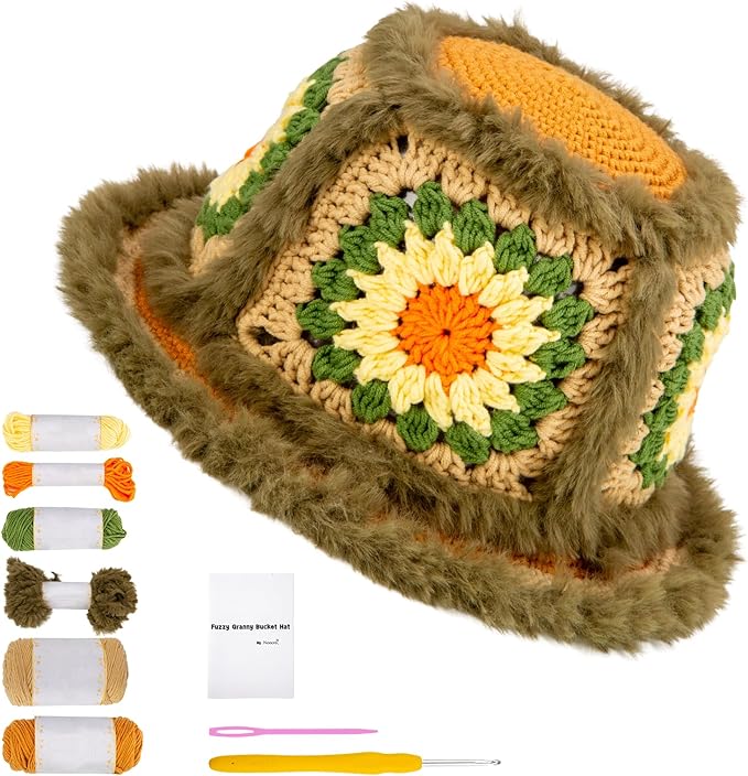 Noocro Crochet Kit for Beginners or Intermediate Level, Fuzzy Granny Square Bucket Hat, Step by Step Video Tutorial, Detailed Instruction Complete Kit Craft Supplies Holiday Gift (Olive Grove)