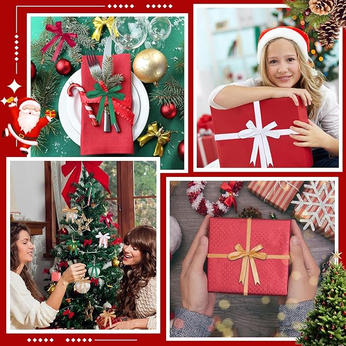 DECYOOL Christmas Ribbons, 4 Rolls 100 Yards Christmas Satin Ribbons 10mm Wide Holiday Craft Ribbons for Gift Wrapping and Xmas Decoration(Wine Red, Dark Green, Khaki, White)