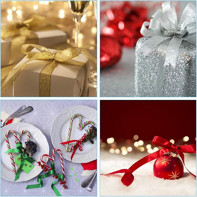 DECYOOL 4 Rolls 100 Yards Christmas Ribbons Metallic Glitter Fabric Holiday Festival Satin Ribbons 10mm Wide for Gift Wrapping Decoration