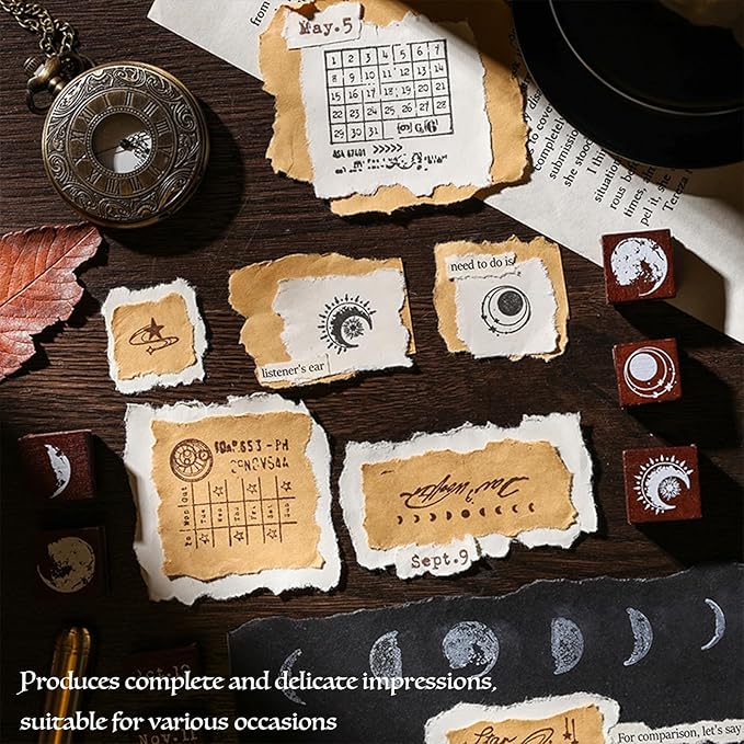 SIBLYMONA 29 Pieces Phases of The Moon Wooden Rubber Stamps Set for DIY Crafting, Decorative Wood Stamps with Moon Patterns, Reusable Rubber Stamp Kit for Scrapbooking & Card Making (Galaxy(29Pcs))