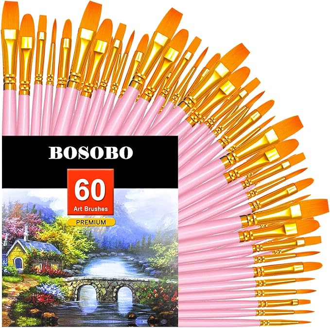 BOSOBO Paint Brushes Set, 6 Pack 60 Pcs Round Pointed Tip Paintbrushes Nylon Hair Artist Acrylic Paint Brushes for Acrylic Oil Watercolor, Face Nail Art, Miniature Detailing & Rock Painting, Pink