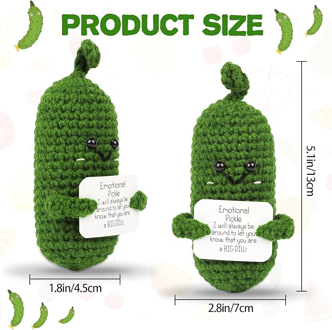 Hoedia Handmade Emotional Pickle Gift, Cucumber Crochet Doll Inspirational Gifts with Cards, Cute Knitted Funny Support Potato Friend Birthday Mothers Day Easter Basket Stuffers (Emotional Pickle)