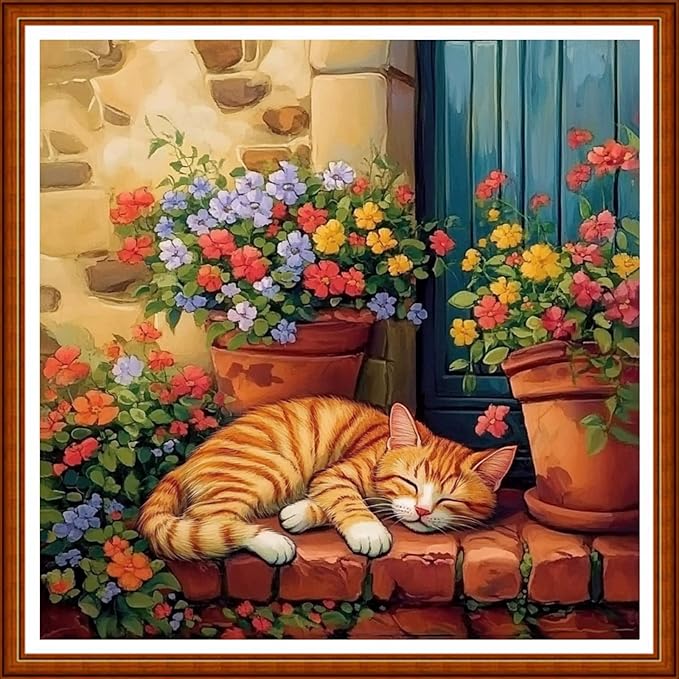 Funart Stamped Cross Stitch Kits for Beginners Full Range of Cross Stitching Preprinted Embroidery Kits for Adults, 11CT Embroidery Pattern Needlepoint Kits-The cat Sleeping on windowsill 18x18 inch