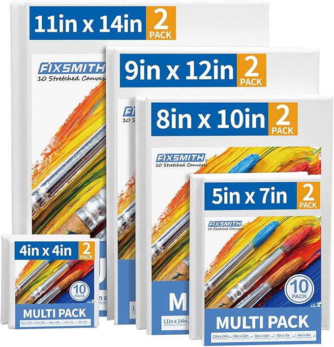 FIXSMITH Stretched Canvas for Painting- 10 Pack Multisize 4x4,5x7,8x10,9x12,11x14 (2 of Each),100% Cotton,Primed,for Acrylic,Oil,Other Wet or Dry Art Media,for Artists,Kids,Beginners and More.