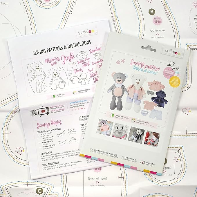 kullaloo Memory Bear Sewing Pattern – Stuffed Teddy Bear Plush Toy with Removable Collar, Shirt & Jacket | Memorial Bear Template with QR Video Tutorials, PES & SVG Files | Designed in Canada