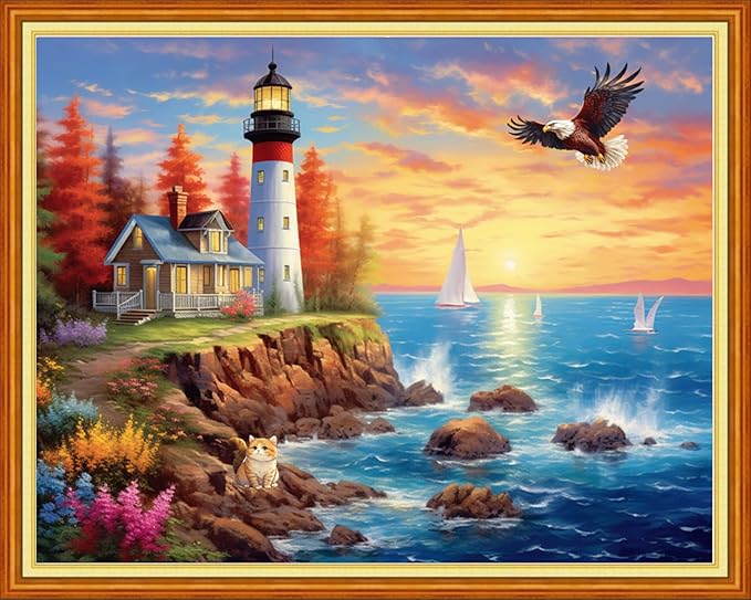 Findvoor Stamped Cross Stitch Kits for Beginner Embroidery Kits for Beginners Adults DIY 11CT Cross Stitch Patterns Needlepoint Kits Crossstitching Kits-Seaside Lighthouse 16x20 inch