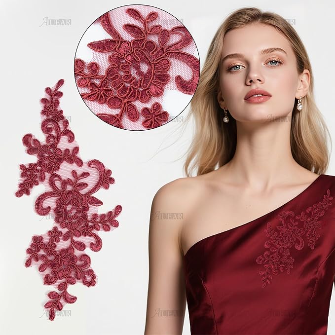 AUEAR, 2 Pack Wine Red Flower Lace Patches Embroidered Applique Patch for Dress Clothes