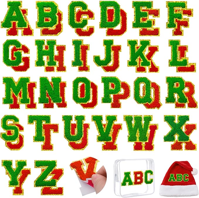 52 Pcs Red Green Christmas Patches Embroidered Chenille Letter Patches Self Adhesive for Clothing,A-Z Letter Stickers Sew on Repair Patches for Jackets Hats Backpacks