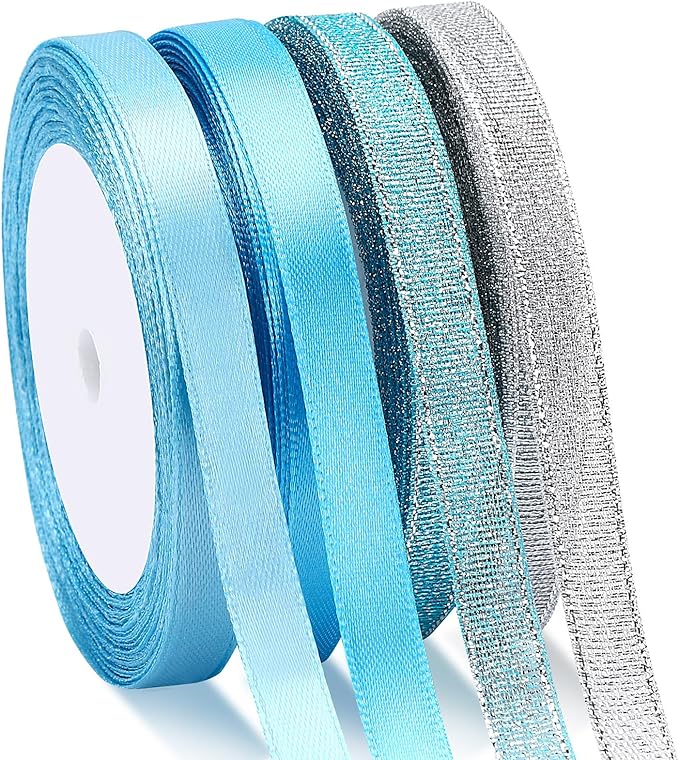 DECYOOL Winter Ribbons, 4 Rolls 100 Yards Christmas Satin Ribbons for Gift Wrapping, 10mm Wide Xmas Winter Holiday Craft Ribbon for DIY Crafts and Christmas Tree Wreaths Decoration (Blue, Silver)