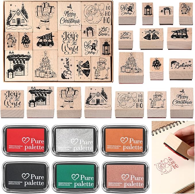 17 Pcs Christmas Wooden Rubber Stamps with Craft Ink Pads Mixed Santa Claus Christmas Tree Snowman Gingerbread Man Rubber Stamps for Card Making Decoration Party Gift Scrap Booking Supplies