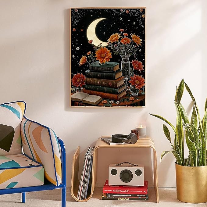 Lzyueyuan Book Flower Stamped Cross Stitch Kits for Adults Beginner, Moon Cross Stitch Ornament Kits Counted Embroidery Needlepoint Kits Home Decor 11.8X15.7inch