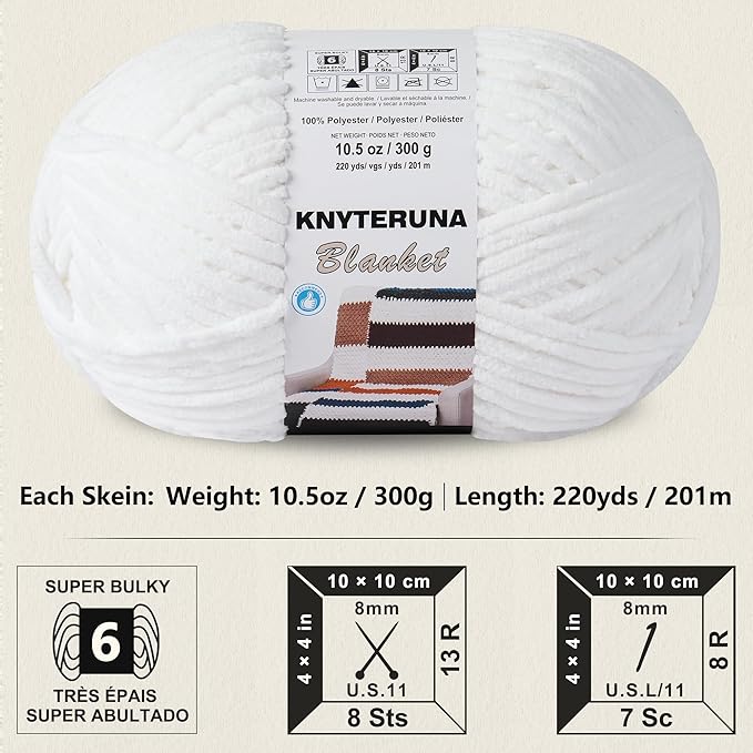 #6 Super Bulky Blanket Yarn for Crocheting - 4 Skeins(Each 10.5oz/300g, 220yds/201m), Chunky Chenille Thick Plush Big Soft Yarn for Crocheting Knitting Blankets, Pure White