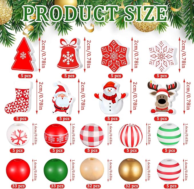 Huwena 200 Pcs Christmas Wooden Beads Red Green White Xmas Snowflake Polished Spacer Bead Santa Stocking Deer Snowman Round Bead for DIY Crafts Garland Jewelry Making