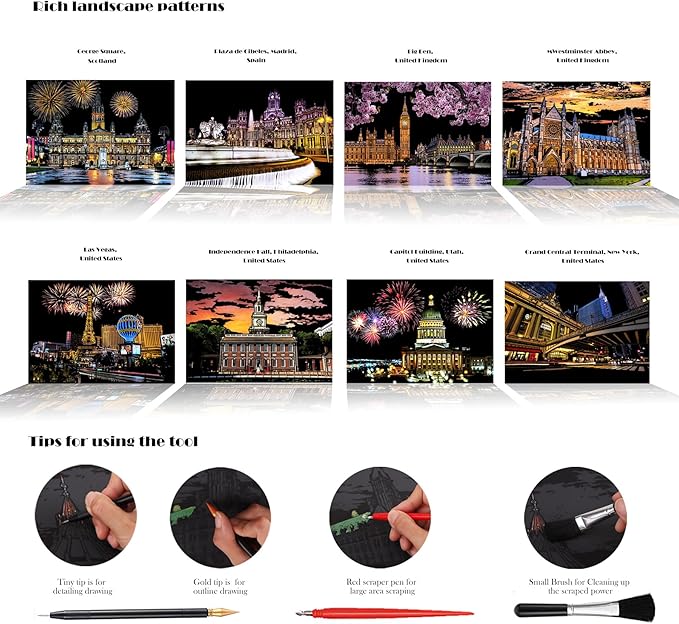 Scratch Art Kit for Adults -A4, Colorful City Scratch Painting Series - Portable Stress Relief Craft, Travel-Friendly Creative Gift for Artists with Tools(Set 3)