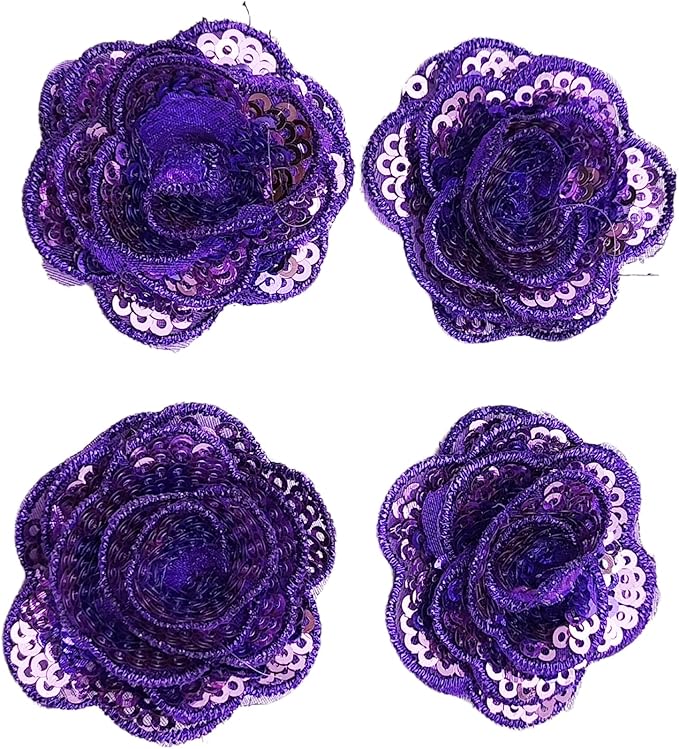 5 PC Rose Flower Sequins Lace Embroidery Patch Applique Trim Wedding Dress DIY Sewing Craft Clothes Applique, 1.6 Inch, Purple