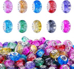 100 Pieces 14mm European Large Hole Spacer Beads Mix Color with Silver Brass Cores Assortments Charm Lampwork Beads Supplies for Necklace Bracelets Jewelry Making (Built-in Glitter Beads)